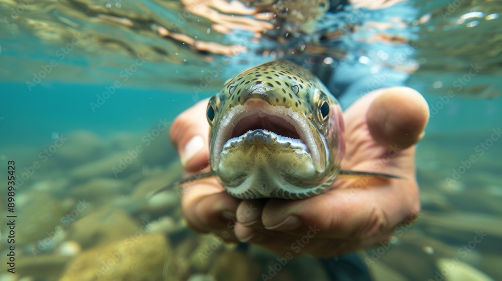Poster fish in hands. background with selective focus and copy space