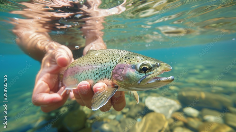 Poster fish in hands. background with selective focus and copy space