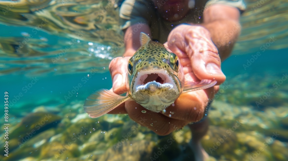 Poster fish in hands. background with selective focus and copy space