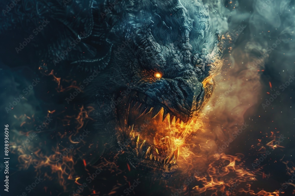 Poster A dark and eerie image of a demonic-looking creature with flames erupting from its mouth