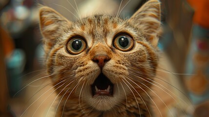 Portrait of a surprised tabby cat opening its mouth wide and staring with big eyes
