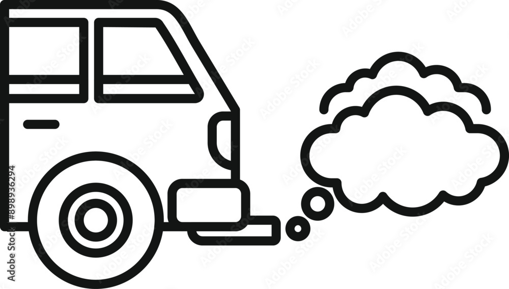 Poster line drawing of an old car emitting polluting fumes, perfect for an illustration about environmental