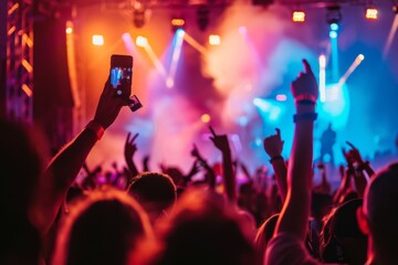 Group of Friends Taking a Selfie at a Lively Summer Concert, Celebrating Friendship and Music in a Vibrant Outdoor Festival Setting