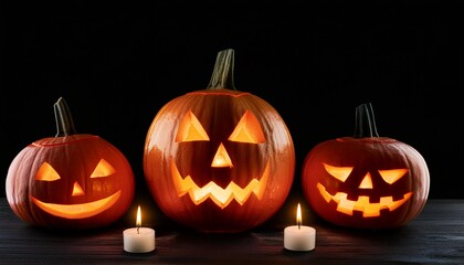 Three carved pumpkins with a scary Jack o lantern face with candles; halloween celebration; horror festival