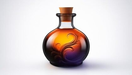 Obraz premium Beautiful glass potion bottle with multicolor liquid; white background; 3D art animated; happy halloween and fall festivity; autumn season