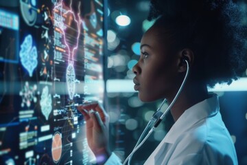 Black Female Doctor Analyzing Advanced Medical AI Data Hologram from Side View, Showcasing Cutting-Edge Technology in Healthcare and Medical Innovation.