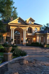 Obraz premium Luxury Mansion Exterior With Columns and Stone Path