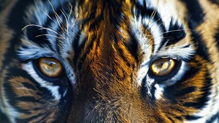Close-up of tiger's intense eyes, fur detailed