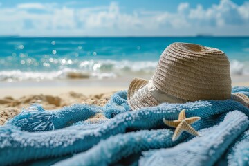 Blue towel with hat and summer beach. Summer concept