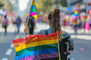 Back View of Disabled Gay Woman in Wheelchair Holding Rainbow LGBTQ+ Flag During Pride Parade. Disability Inclusion and Equal Empowerment at Diversity Pride Event.