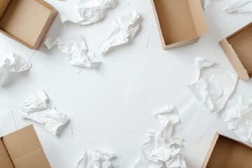 Scattered papers on table with cardboard sheets, a study in tranquility