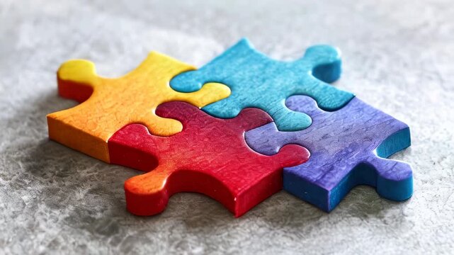 Four colorful puzzle pieces joined together on gray surface