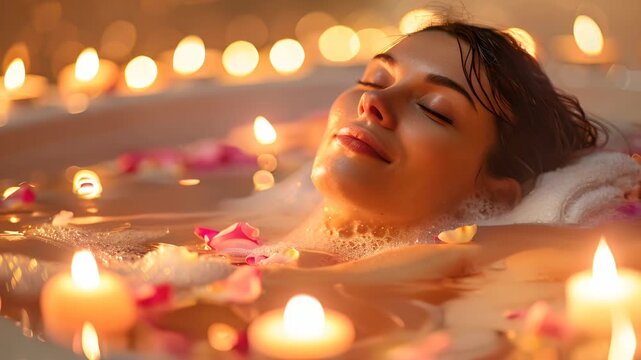 Serene Evening Soak in a Candlelit Bath Surrounded by Petals