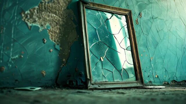 Old broken mirror leaning against damaged teal wall in abandoned room