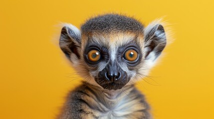 Fototapeta premium Young, expressive crowned lemur is posing on a vibrant yellow background, its captivating gaze drawing the viewer in