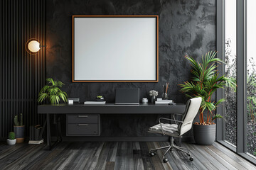 Contemporary home office minimalist decor with empty frame