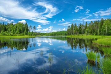 Beautiful calm lake surrounded by lush greenery and blue sky with clouds, reflecting in the clear water and creating a serene atmosphere.