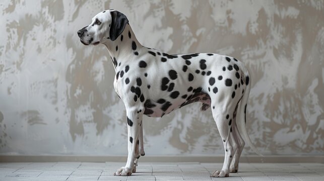 Dalmatian dog standing in profile in an empty room with peeling paint on the walls