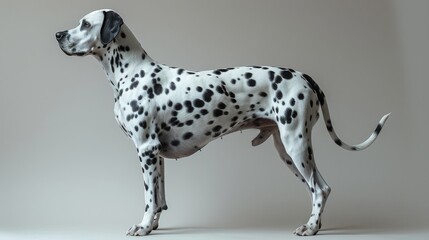 Dalmatian dog with black spots is standing and looking to the side on a white background