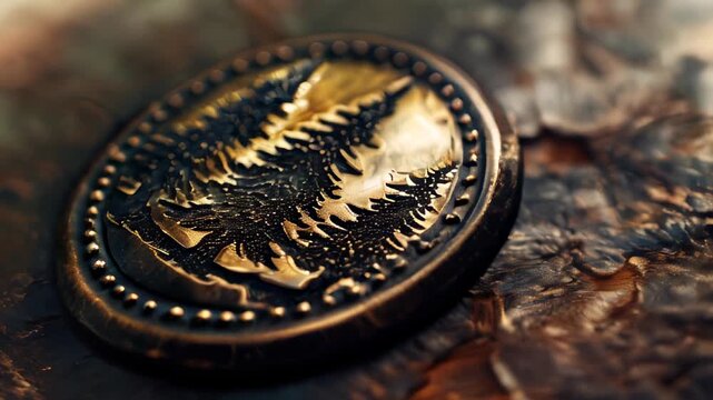 Close-up of ancient metallic round ornament featuring engraved trees on textured background