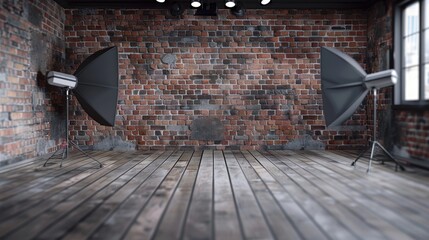 Interior of a photo studio with a brick wall backdrop