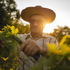 Senior man farmer work and pruning grape in the vineyard