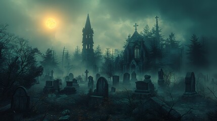 Eerie full moon is lighting an ancient gothic cemetery surrounded by a thick fog