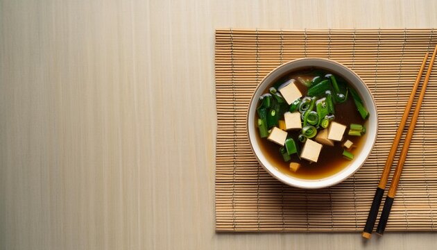  Flat lay of a bowl of miso soup with tofu cubes, seaweed, and green onions, placed on a bamb