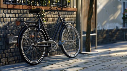 Obraz premium A black bicycle is parked against a brick wall