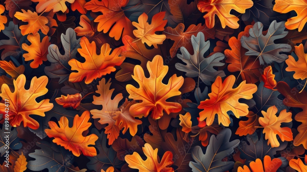 Poster autumnal scene with many fallen leaves scattered across the ground, perfect for use in designs relat