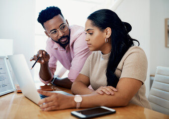 Fototapeta premium Business people, laptop and help with cooperation, teamwork and planning for startup, project or internet. Collaboration, conversation or employees with pc, online reading or research for application