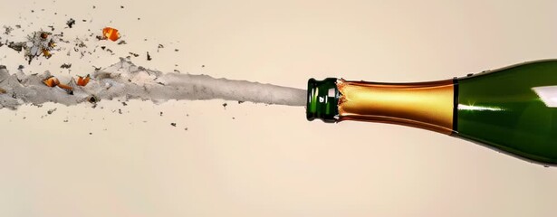 Close-up of a champagne bottle being popped, with a splash of champagne and confetti flying out. Celebratory scene against a neutral background. Video. Horizontal. - Powered by Adobe