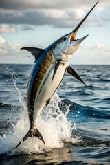 Fototapeta premium marlin fish jumping out of the water being caught