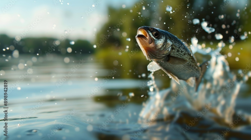 Poster fish splashing in a pond, fishing concept. selective focus background and copy space