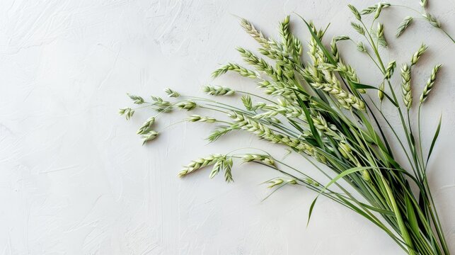 Green oat ears bouquet on white board top view vintage rustic background