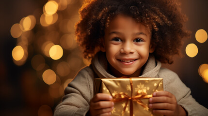 Naklejka premium Smiling Child Holding a Wrapped Gift with Christmas Lights in the Background
