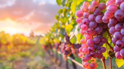 Vibrant close-up of ripe purple grapes in a sunlit vineyard during sunset. Concept of vineyard harvest, viticulture, fruit cultivation, grape farming.. Copy space