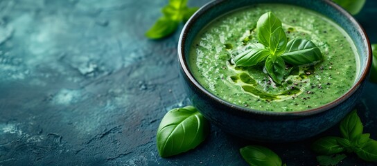 Obraz premium Vibrant green basil soup garnished with fresh basil leaves. Ideal for healthy cuisine concepts and culinary presentations.
