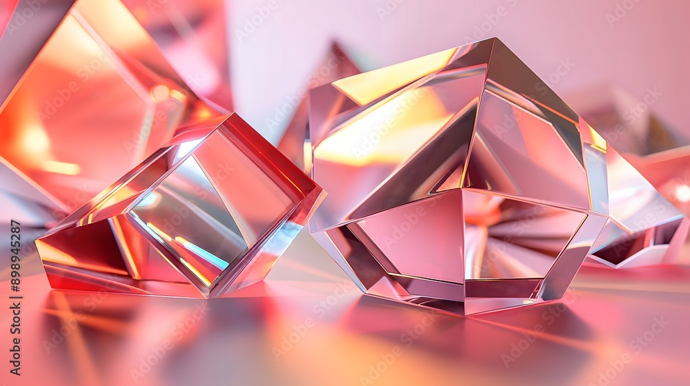 Poster 41. **produce a 3d render of transparent geometric glass forms with glossy highlights and intricate 