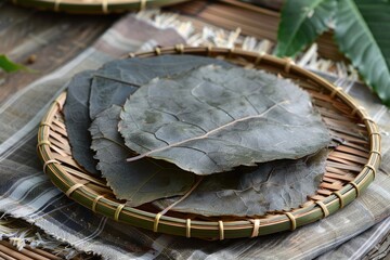 Fototapeta premium Dried leaves in a bamboo basket. This image is ideal for food blogs, recipe websites, or natural health and wellness content.