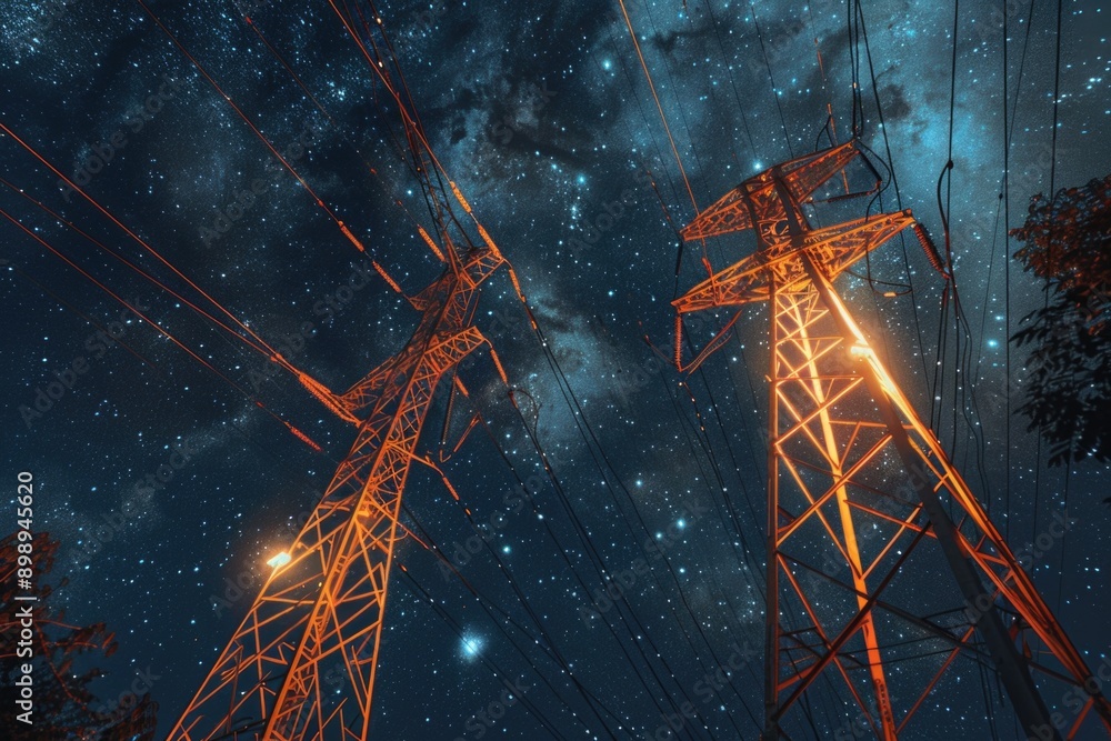 Aufkleber Power lines illuminated by moon and stars, suitable for use in editorial or commercial projects