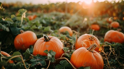 Obraz premium Vibrant Pumpkin Field with Large Orange Pumpkins in a Lush Greenery. Concept of Harvest Season, Autumn, Agriculture, Vegetables