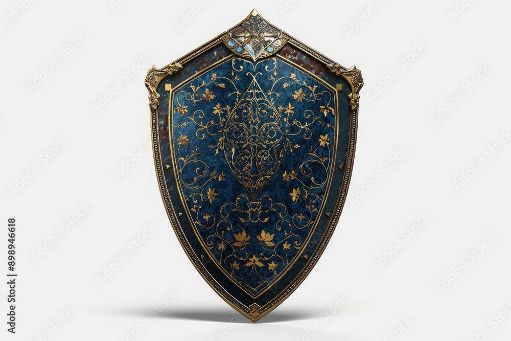 Poster a stylized shield with blue and gold designs on a white background, ideal for use in abstract or her