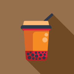Bubble tea in a plastic cup with a straw, casting a long shadow over a brown background