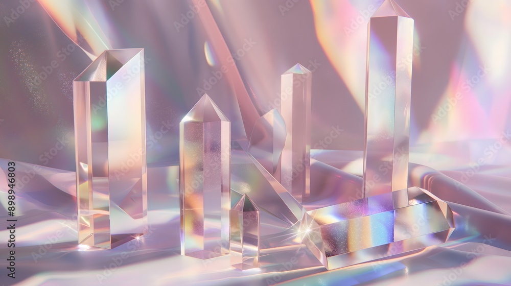 Poster 41. **produce a 3d render of transparent geometric glass forms with glossy highlights and intricate 