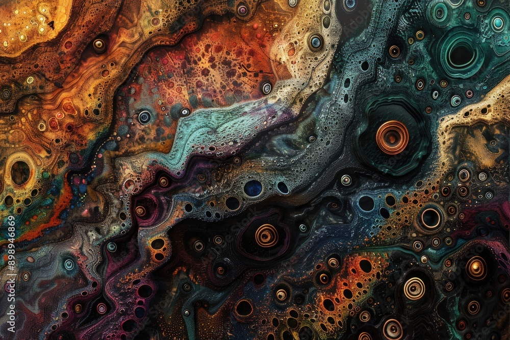 Poster a close-up view of a vibrant and colorful painting, suitable for use in artistic or creative project