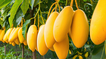 Mango garden on trees lush and fruitful orchard vibrant mangoes hanging from branches green foliage and sunny setting bountiful harvest tropical fruit trees serene and natural environment