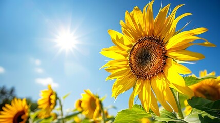 Obraz premium Bright Yellow Sunflower Field in Full Bloom Under a Sunny Blue Sky. Concept of Nature's Beauty, Summer, Floral Landscape, and Agricultural Scenery. Copy space