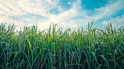 Fototapeta premium Sugarcane Field Ready for Harvest with Clear Blue Sky. Concept of Agriculture, Farming, Crop Production, Nature Landscape.. Copy space