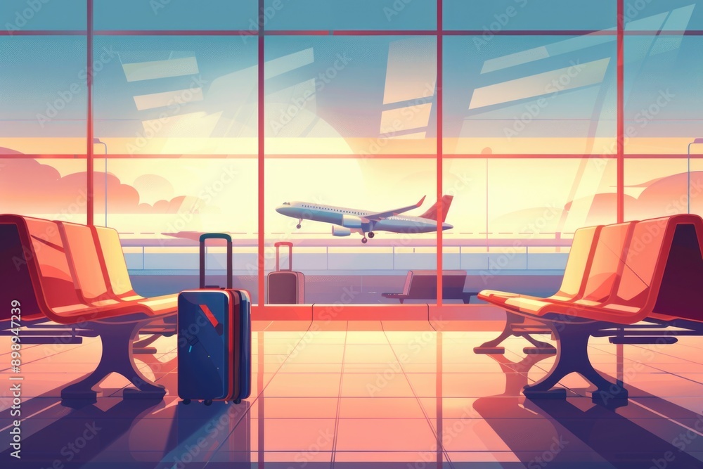 Poster aerial view of an airport terminal with a plane approaching for landing
